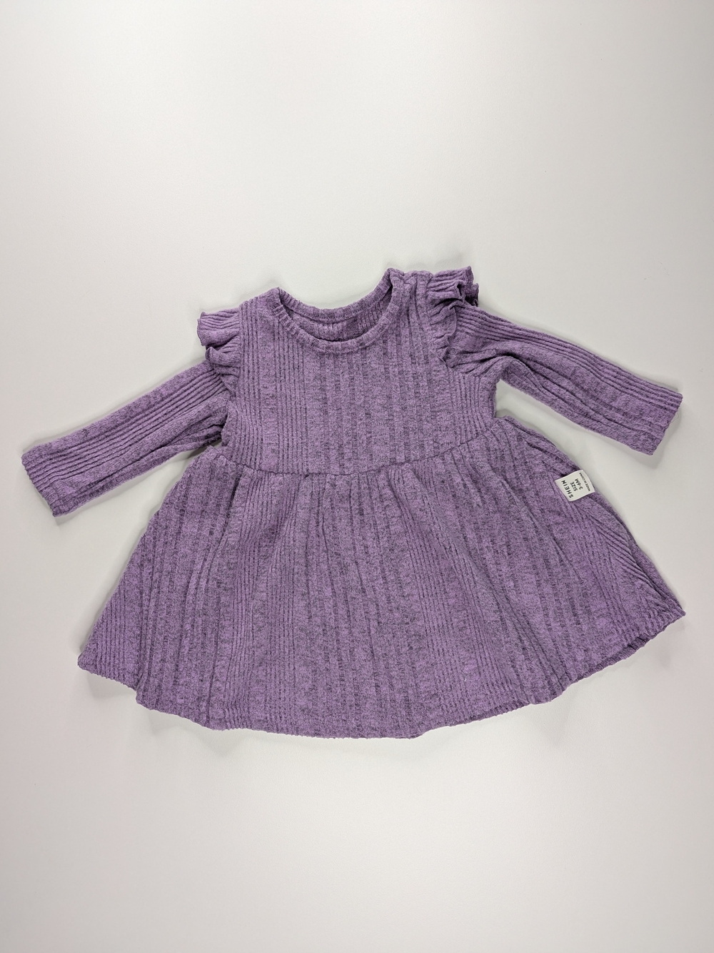 SHEIN Lilac Ribbed Knit Ruffle-Sleeve Kids Dress